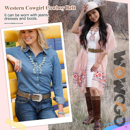 WOWOGO Western Belts for Women Cowgirl Cowboy Country Belt Turquoise Rhinestone Leather Belt Brown Plus Size Belt