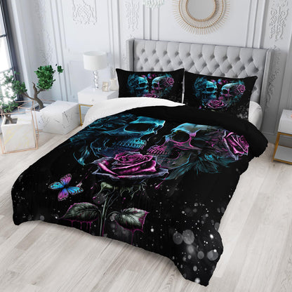 Tuzaovy Skull Bedding Set Queen Size,Goth Bedding Sets Queen with Comforter,Skull Comforter Set,Rose Comforter Halloween Skull Bed Comforter,Black Bedding Skull Quilt