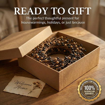 Quixem 15" Black & Tan Pip Berry Candle Ring (4.5" Inner), Primitive Rustic Artificial Mini Wreath for 3" Pillars, Farmhouse Kitchen Decor, Halloween & Everyday Centerpiece