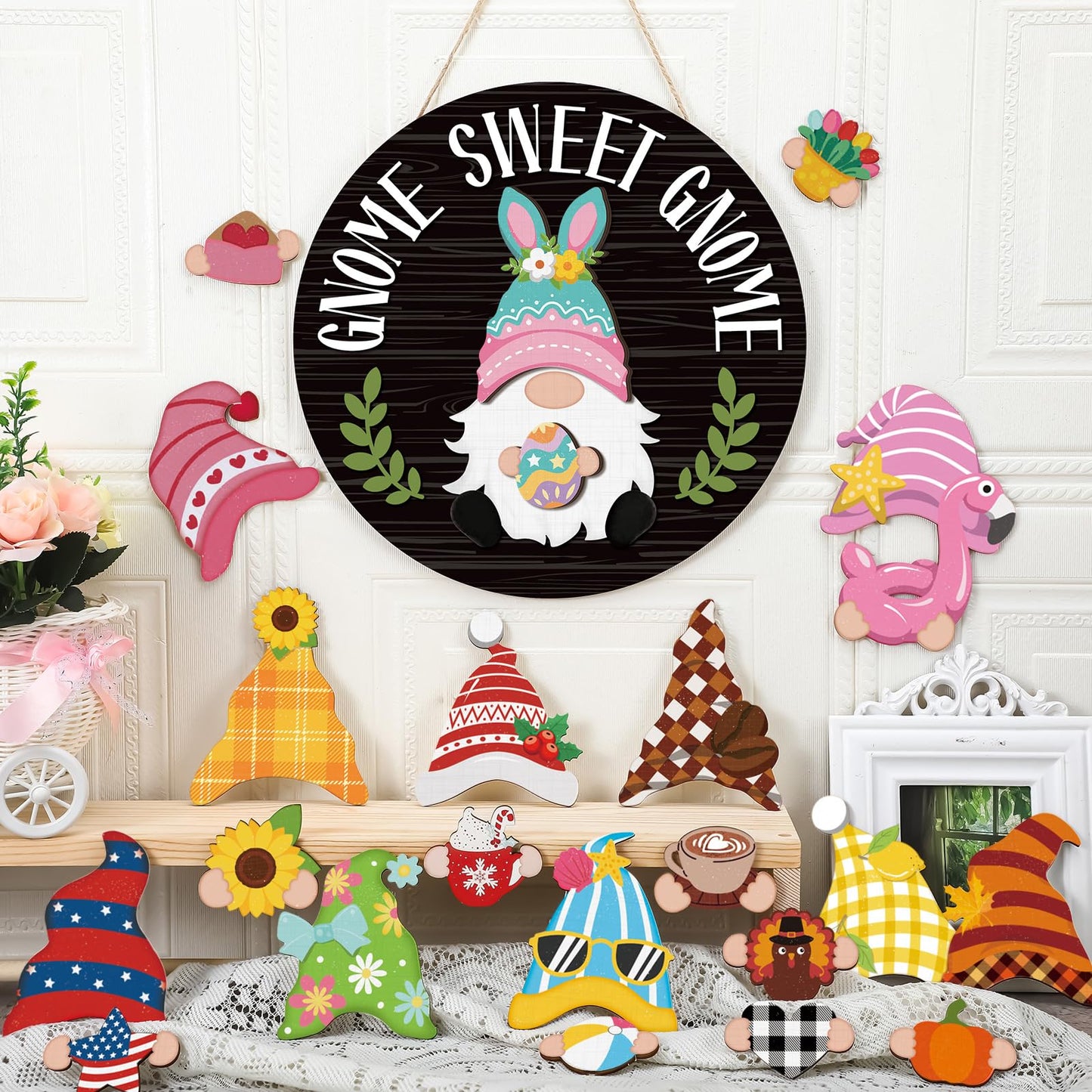 Wenqik 41 Pcs Interchangeable Gnome Signs Holiday Wooden Seasonal Gnome Decor 4th of July Independence Day Decor Detachable Magnet Hat and Hand Welcome Sign for Home Decoration(Classical,Black)