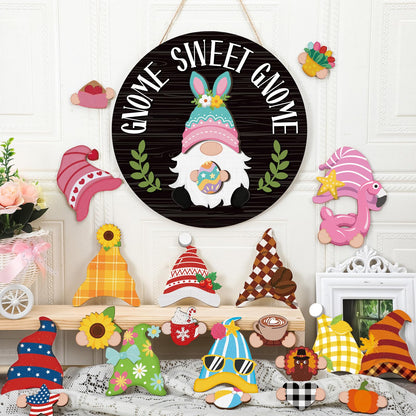 Wenqik 41 Pcs Interchangeable Gnome Signs Holiday Wooden Seasonal Gnome Decor 4th of July Independence Day Decor Detachable Magnet Hat and Hand Welcome Sign for Home Decoration(Classical,Black)