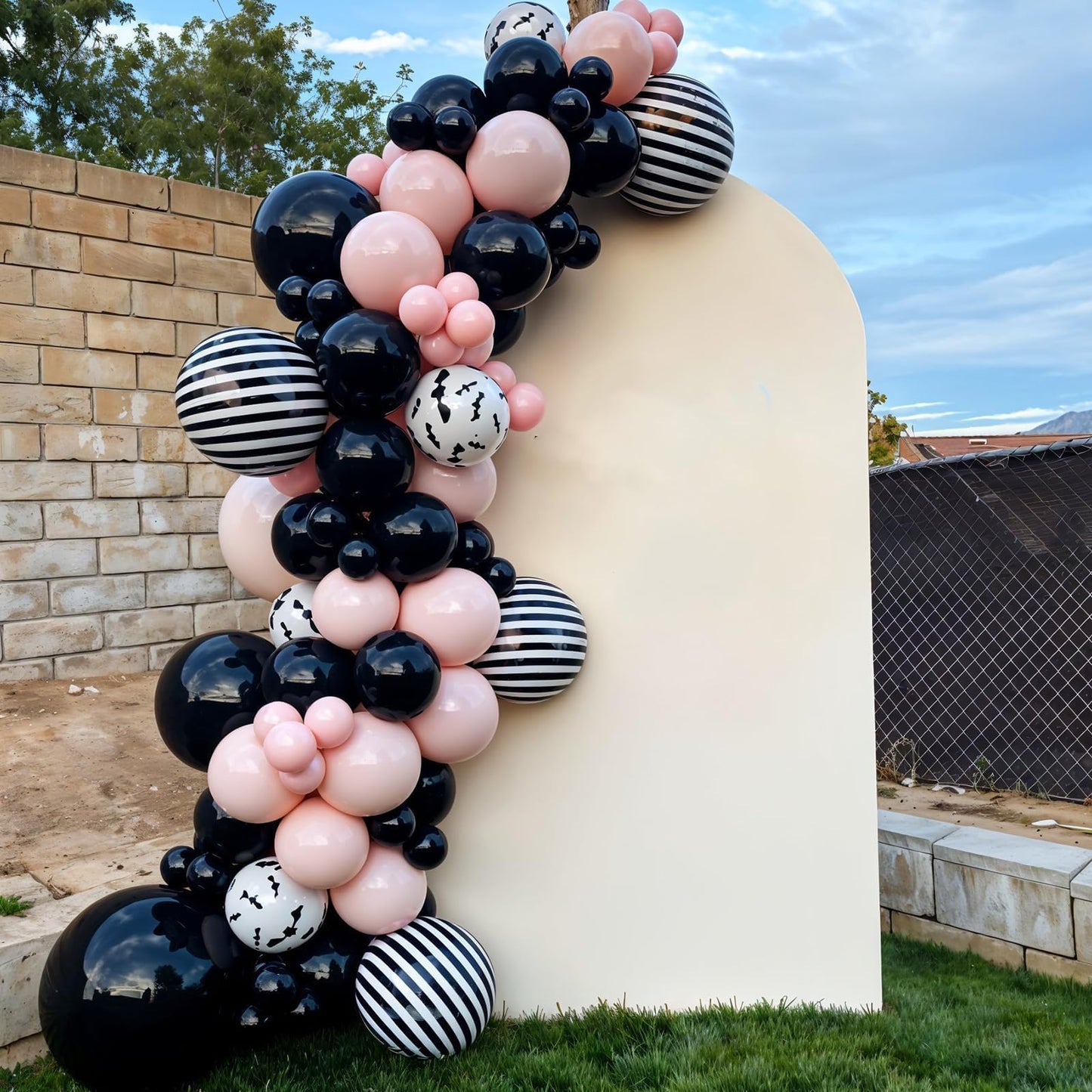 Halloween Balloon Arch Garland Kit, Black Pink Macaron Orange Black and White Striped Ghost Foil Balloons with 3D Bat Stickers for Girls Halloween Party Spooky Birthday Party Decorations