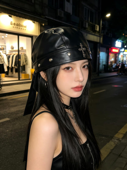 Leather Biker Skull Cap for Women Adjustable Skull-Studded Cross Motorcycle Hat with Snug Fit, Stylish Biker Head Wrap & Riding Cap