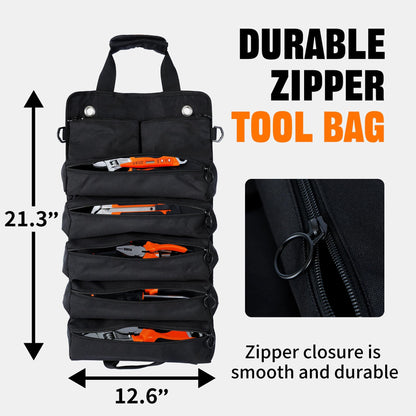 AASTT Portable Foldable Roll Up Tool Bag, Heavy Duty Tool Organizer Bag with 5 Compartments & 2 Detachable Pouches for Tools Storage, Waterproof Tool Roll Bag for Dad Men Electrician Mechanic Gifts