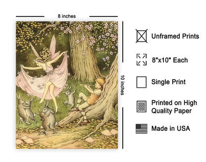 Poster Master Vintage Fairy Dancing In The Forest With Rabbits And Piper Poster - Fairytale Print - Mythical Art - Fairy Art - Aesthetic Creation - Living Room or Bedroom Design - 8x10 UNFRAMED Wall Display