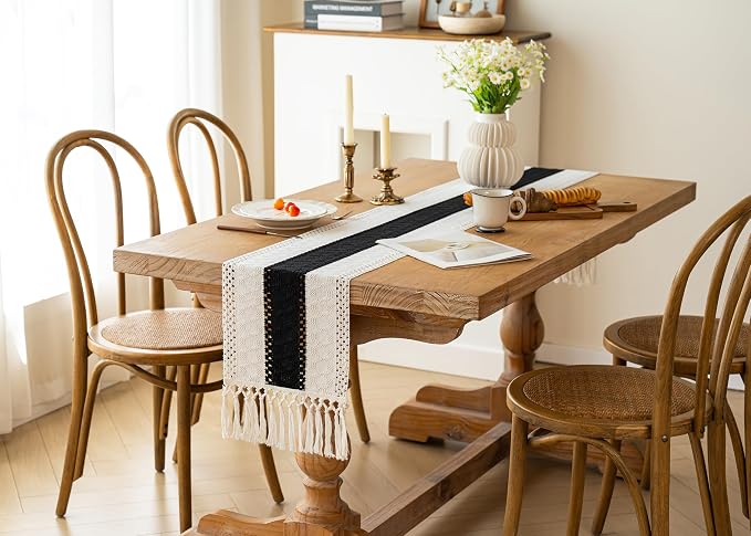 FEXIA Boho Table Runner for Summer Home Decor with Tassels 36 Inches Long Farmhouse Rustic Black Gothic Table Runner Macrame Gothic Burlap Table Decoration for Kitchen Living Room (12x36 Inches)