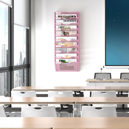 EasyPAG 10 Pocket Mesh Wall File Organizer, Hanging Paper Folder Holder with Classify Label, Vertical Wall Mount Mail Organizer for Office Home Classroom, Pink