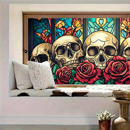HOMETITUTE Skull Window Film 39.3x17.7 Inch Gothic Skull Window Sticker Halloween Skull Decoration Rose Windows Cling for Haunted House Day of The Dead Horror Windows Glass Cover