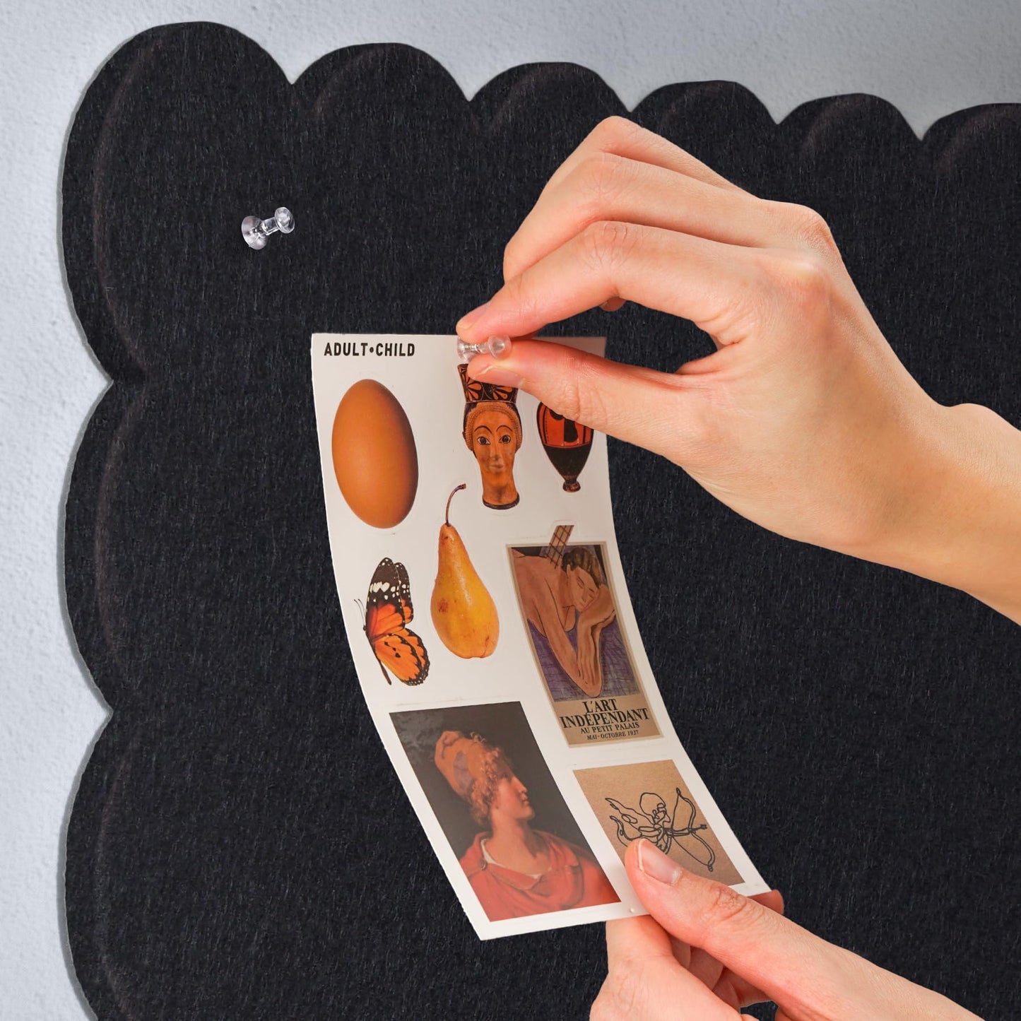 Lightomorrow Scalloped Bulletin Board, 24 x 18 Inches Felt Pin Board - Decorative Cork Alternative for Wall, Foldable Picture Self-Adhesive Vision Prayer Board with 20 Pushpins - Black