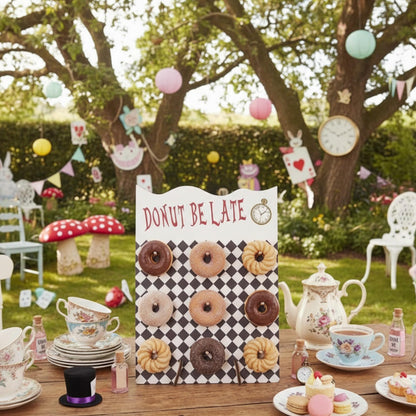 Suclain 16 x 12 Inches Wonderland Party Decoration Donut Wall Display Stand 9 Holes Wooden Donut Bagel Display Holder Board Wonderland Tea Black and White Checkered Stands for Birthday Tea Parties