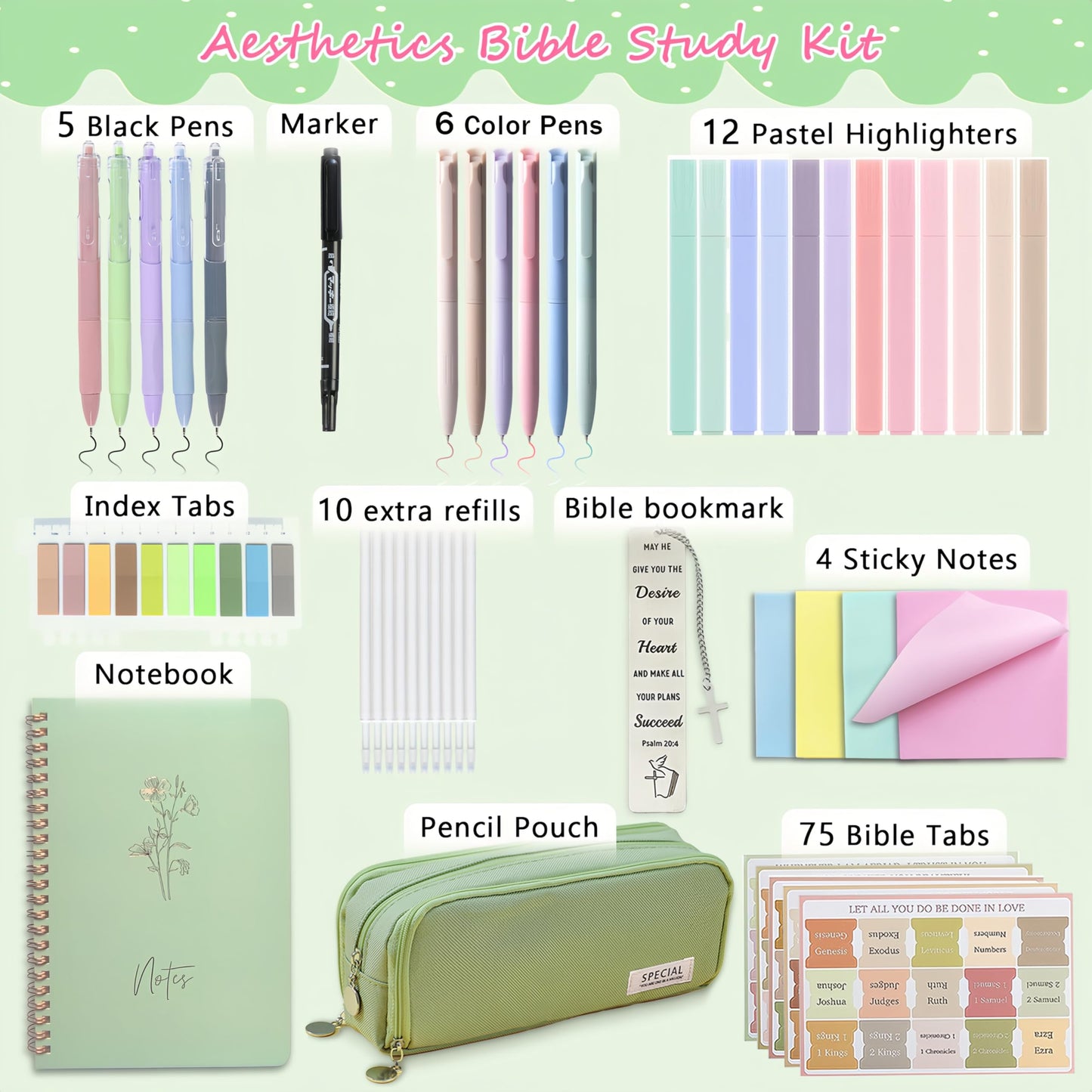 47Pcs Bible Study Supplies Journaling Kit with Large Pencil Case, Notebook, No-bleed Highlighters and Pens,Bible Bookmark Tabs Stickers, Book Study Annotation Kit for Women and Students,Green