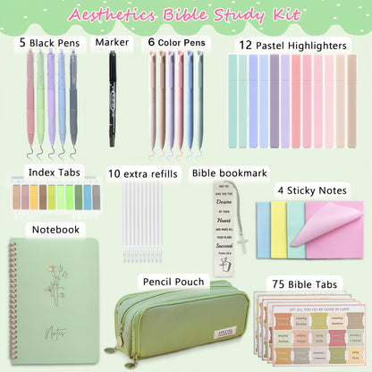 47Pcs Bible Study Supplies Journaling Kit with Large Pencil Case, Notebook, No-bleed Highlighters and Pens,Bible Bookmark Tabs Stickers, Book Study Annotation Kit for Women and Students,Green