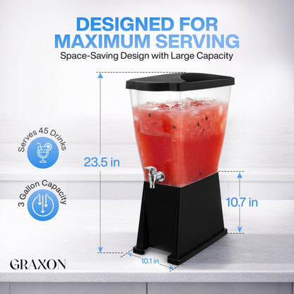 Large Drink Dispensers for Parties (3 Gallon) Slim Plastic Beverage Dispenser with Base for Counter Tops, No Mess, Easy to Assemble & Wash (2 Pack)