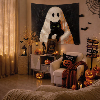 YTRG Spook Ghost Black Cat Tapestry, Halloween Tapestries Wall Hanging for Bedroom, Cat Ghost Tapestry Wall Decor Backdrop for Living Room Home, Black Cats Gifts for Women Girls Men, 50x60 Inch