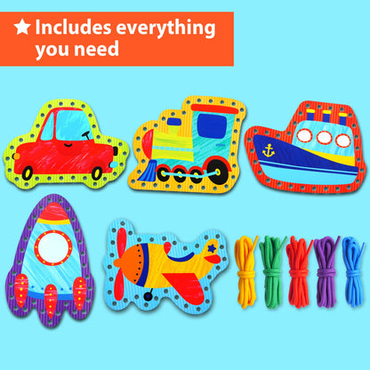 KRAFUN My First Lacing Cards Kit for Toddlers & Kids Age 3+, 5 Transport Vehicle Arts & Crafts Projects, Fine Motor Skills Toys, Beginner Activity Set with Car Rocket Train Plane Ship
