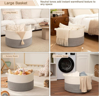 OIAHOMY 90L XXXLarge Blanket Basket for Living Room, 21.7" x 13.8" Woven Cotton Rope Laundry Basket for Organizing Pillows, Decorative Stuffed Animal Toy Storage for Nursery, White and Light Grey