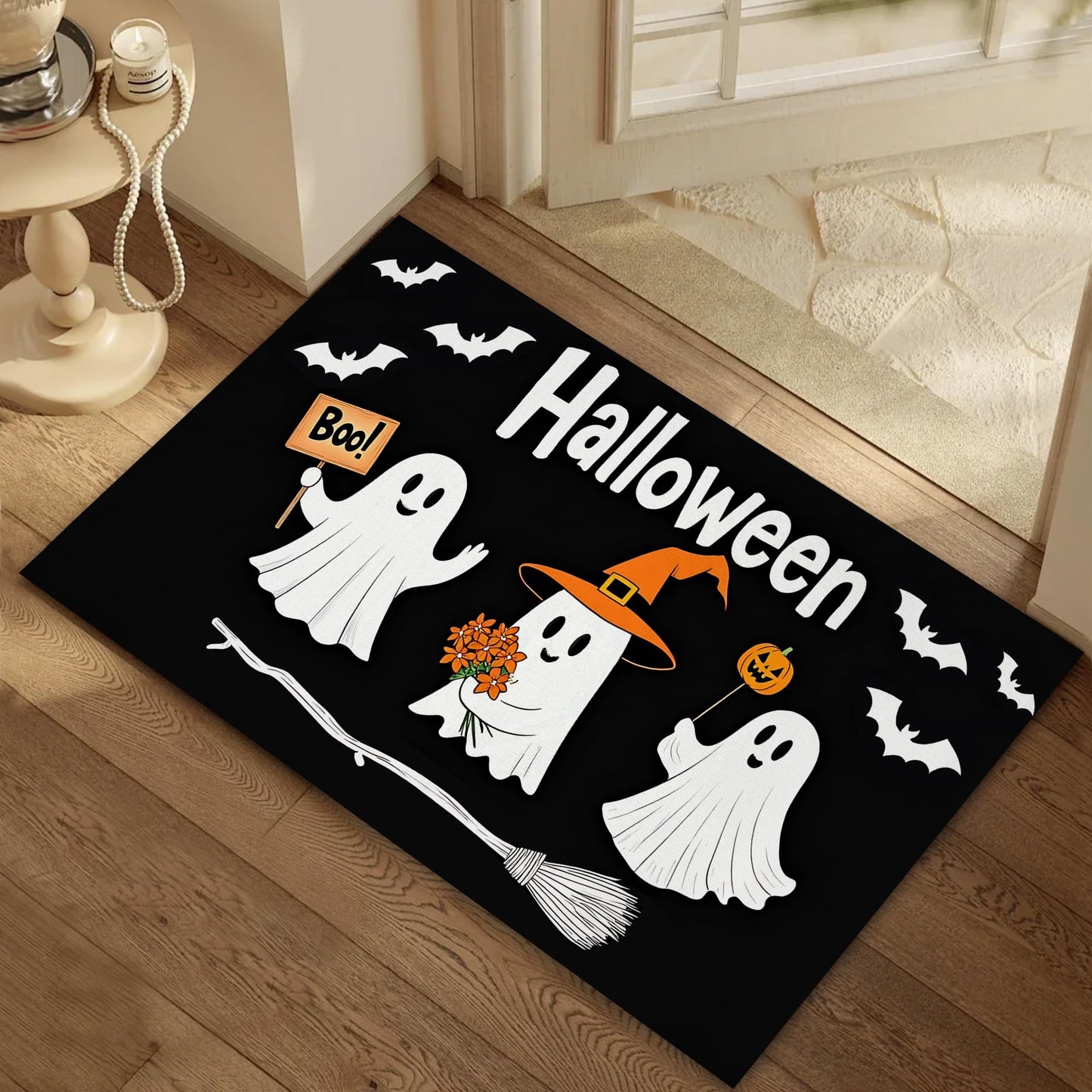 CXULIN Cute Ghosts Door Mats Indoor,Halloween Black Bats Front Door Mat Non-Slip Low Profile Welcome Mat for Outdoor Entrance Indoor Rug Mat Home Patio, Porch, Hallways Floor 30 x 17 Inch