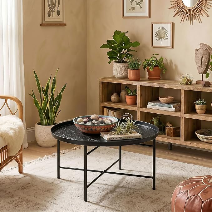 HOMCOM 24" Round Coffee Table with Hammered Tray Top, Vintage Metal Center Table for Living Room, Bedroom, Side Table, Black