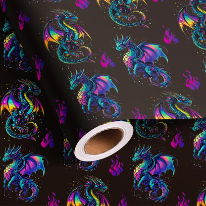 Altarho Dragon Wrapping Paper Roll for Kids Boys Women Men - Neon Dragon Print Mythic Gift Wrap Sheets for Birthday Adult Anime Party Supplies Total 28.5sq.ft