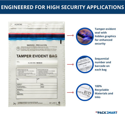 9”x12" Clear Plastic Deposit Bags with Security Tape Tamper Evident - Secure Bank Deposits, Cash Handling, & Currency Transport | Self-Sealing Tape with Hidden Graphics | 100-Pack