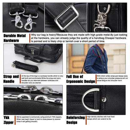 Masa Kawa Black Leather Briefcase for Men 17 Inch Laptop Computer Case Business Travel Work Messenger Cross Body Shoulder Bag