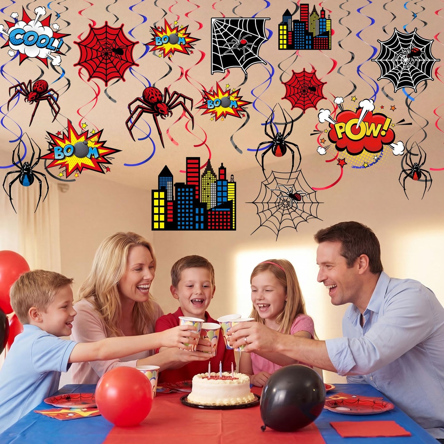 Geyoga 54 Pcs Spider Party Hanging Decor Spider Birthday Hanging Swirl Cityscape Decoration Swirls Hero Decor for Hero Birthday Party Supplies Decoration