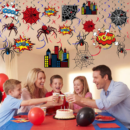 Geyoga 54 Pcs Spider Party Hanging Decor Spider Birthday Hanging Swirl Cityscape Decoration Swirls Hero Decor for Hero Birthday Party Supplies Decoration