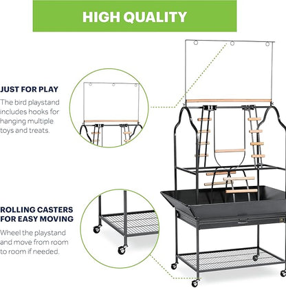 Prevue Pet Products Parrot Play Stand with Wheels - Rolling Bird Stand Play Center with Perches and Ladders, Indoor & Outdoor Playground for Birds with Swing, Enrichment Accessories - Black
