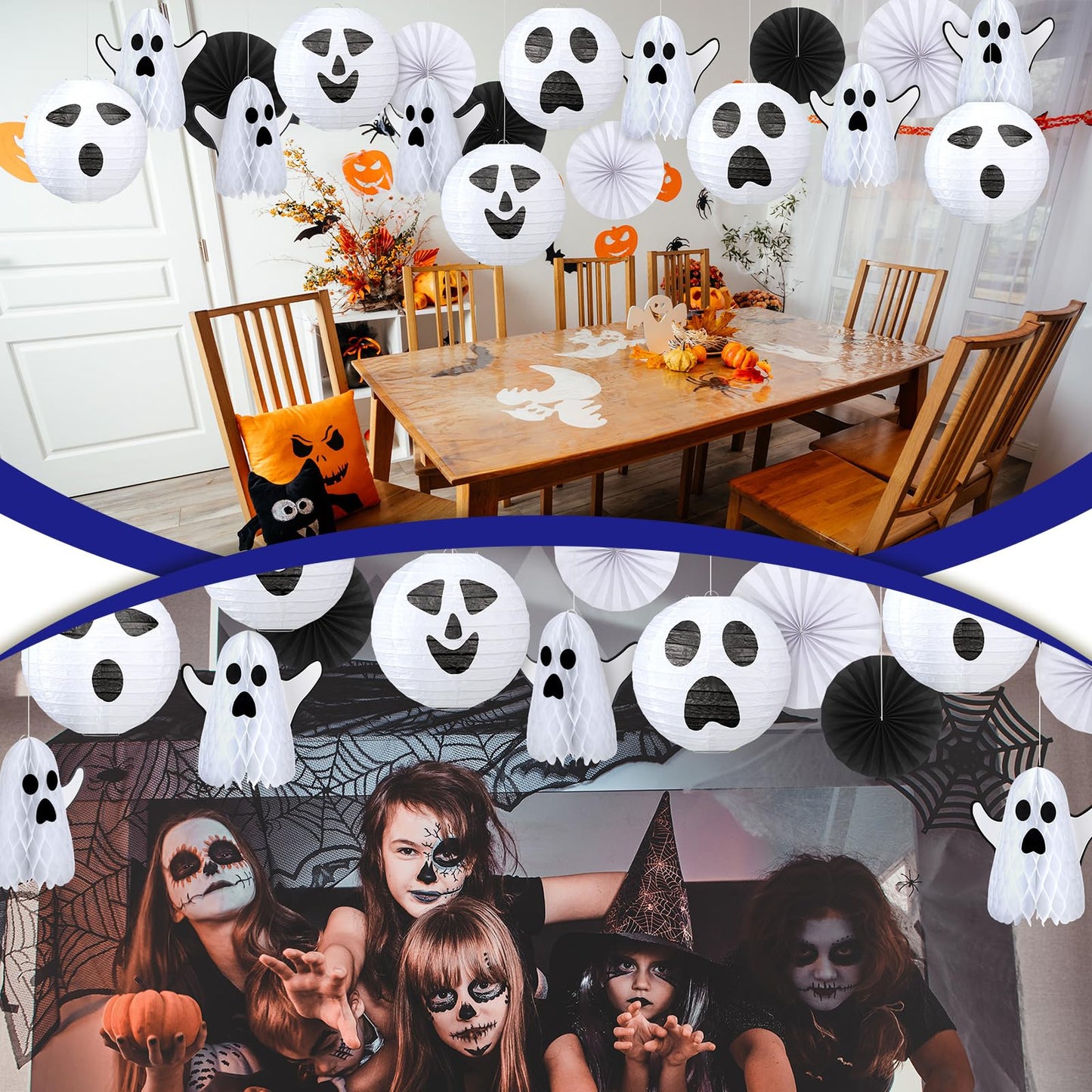 Humyoun 18 Pcs Halloween Party Decorations Kit Ghost Spooky Paper Lanterns Hanging Fans 3D White Ghost Honeycomb Ball for Indoor Outdoor Halloween Scary Party Supplies Haunted House Ceiling Decor
