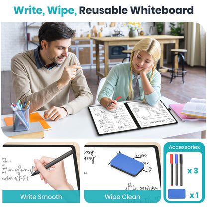 WALGLASS Double-Sided Small White Board Dry Erase, 12'' x 9'' Portable Reusable Whiteboard Notebook, Foldable Mini Handheld Board for Student Practice, Home, School, Office, Travel - Black PU Leather