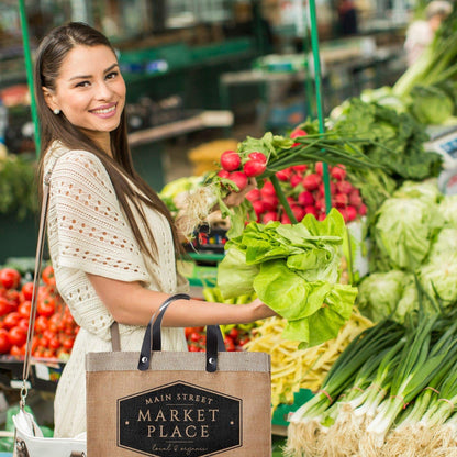 Santa Barbara Design Studio Main Street Farmers Market Tote, Reusable Burlap Grocery Bag with Leather Handle, Purse for Beach or Picnics, Food Lovers Gift Idea, 12.5 x 9.5 Inches