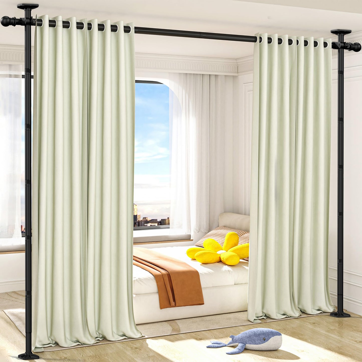 AKTOP Room Divider Curtain Rod, No Drilling Privacy Room Separator for Space Partition, 4-11ft(H) 28-117”(W) Adjustable Heavy Duty Floor to Ceiling Wall Divider Tension Rod for Room Separation, Black