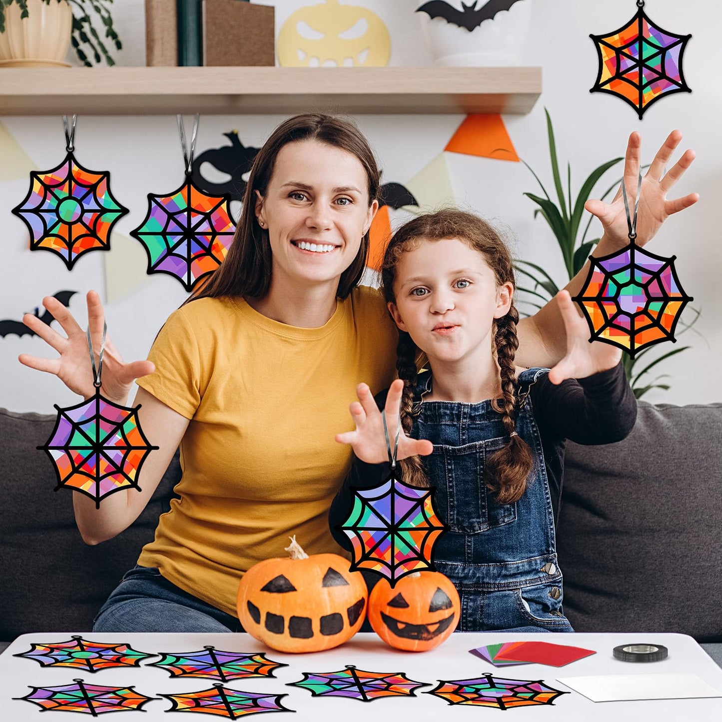 Qyeahkj 36 Set Halloween Spider Web Suncatchers Crafts DIY Hanging Spider Web Tissue Paper Crafts Kit Window Art Ornaments Decor for Halloween Activity Art Project Party Favor Gift