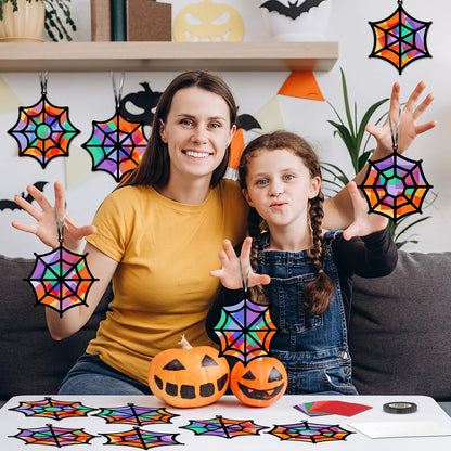 Qyeahkj 36 Set Halloween Spider Web Suncatchers Crafts DIY Hanging Spider Web Tissue Paper Crafts Kit Window Art Ornaments Decor for Halloween Activity Art Project Party Favor Gift