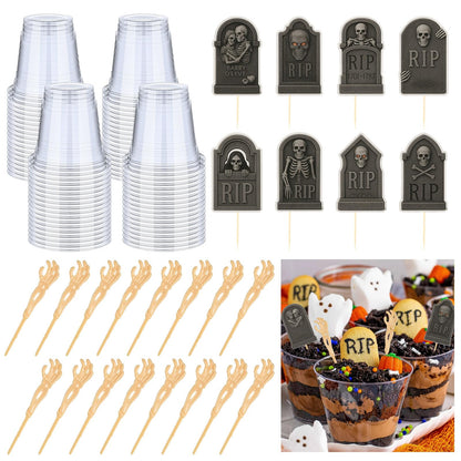 Honeydak 48 Set DIY Halloween Dirt Cups for Party Halloween Skeleton Hand Decorations Graveyard Tombstone Cake Toppers with Horror Zombie Hands Plastic Dessert Cups for Ghost Party(9 oz,Zombie Hands)