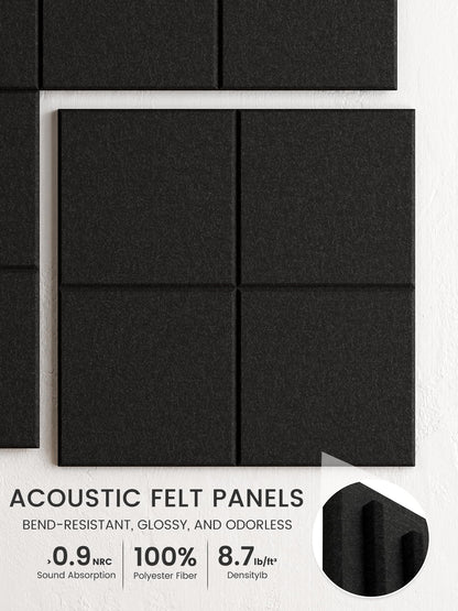 Bumusty Large Felt Bulletin Board, 48" x 36" Cork Board Alternative, 12-Pack Wall Tiles with 4-Compartment Design, 30 Push Pins, 70 Adhesive Tabs, Ideal for Office & Home Decor, Black