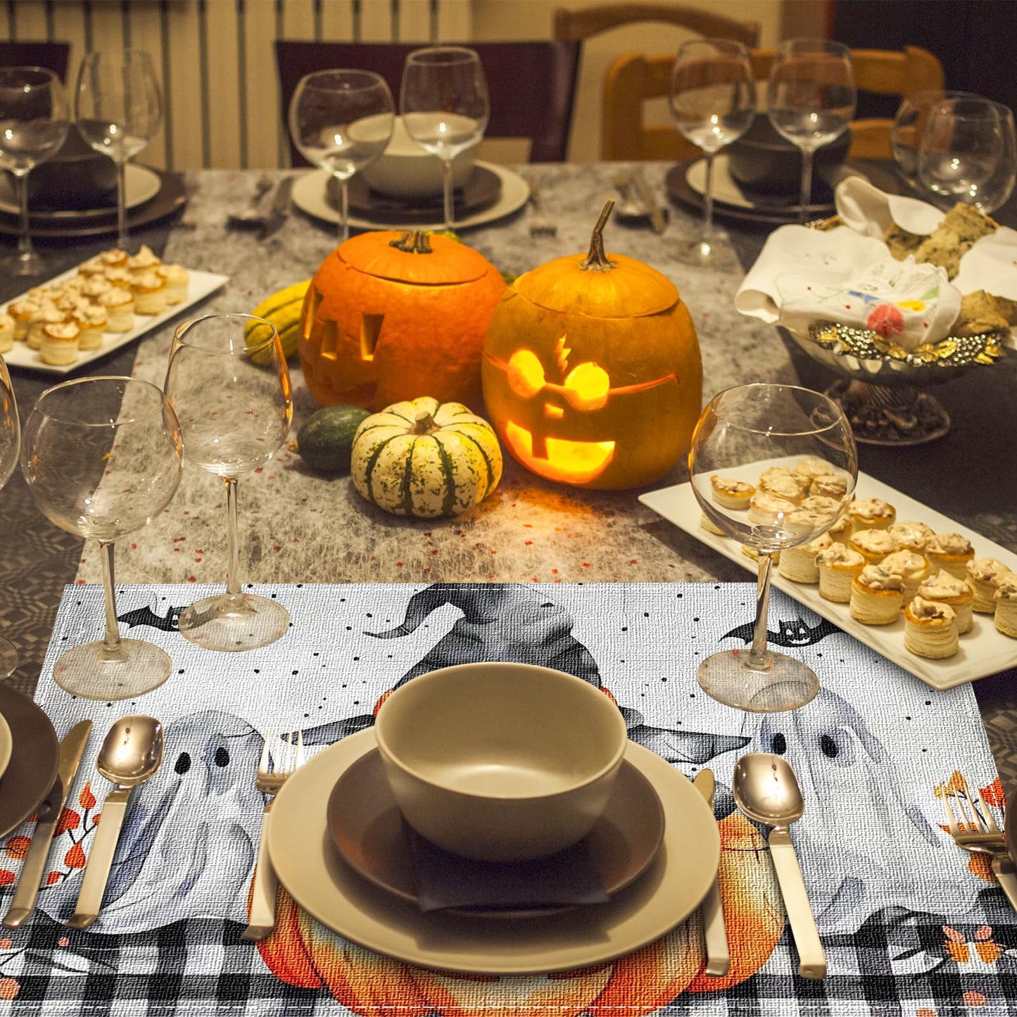 Niviy Buffalo Plaid Bat Ghost Pumpkins Halloween Placemats Set of 4, 12x18 Inch Horror Halloween Table Mats for Holiday Party Kitchen Dining Room Decoration