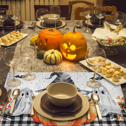 Niviy Buffalo Plaid Bat Ghost Pumpkins Halloween Placemats Set of 4, 12x18 Inch Horror Halloween Table Mats for Holiday Party Kitchen Dining Room Decoration
