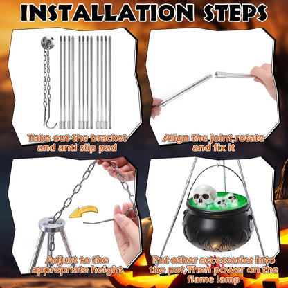 WinnerWhy 11 Pcs Large Witches Cauldron Halloween Decor Set Cauldron on Tripod with Spider Webs Fake Fire String Lights Skulls for Halloween Indoor and Outdoor Party Supplies