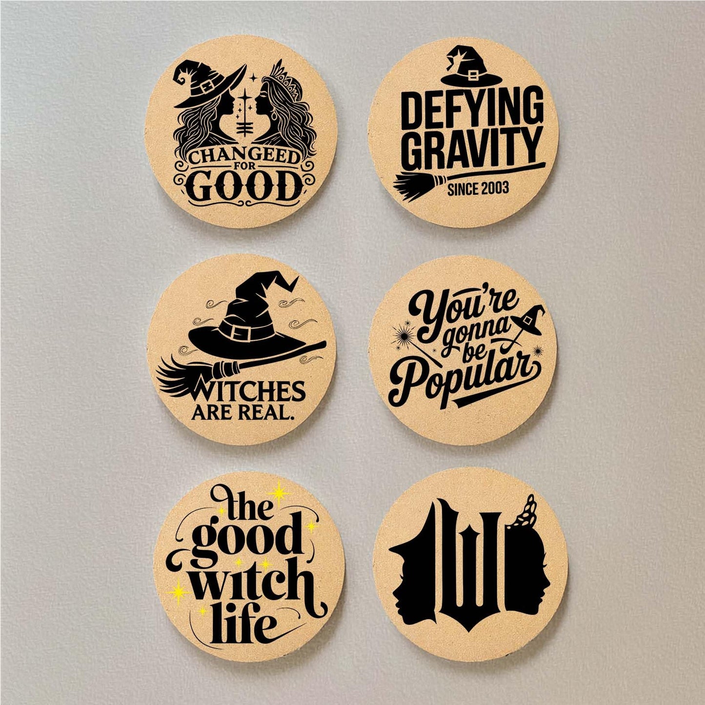 Cegkuc Coasters Witch for Drinks with Holder Set of 6, Wicked Cork Coaster Absorbent for Office Desk Cup Table Coasters Kitchen Decor House Warming Gifts for New Home Couples, Round 4"