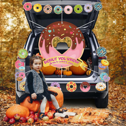 Halloween Donut Trunk or Treat Car Decorations Kit, Donut You Know Jesus Loves You Backdrop Donut Banner Stickers for Car Garage Door Decoration Halloween Party Decorations