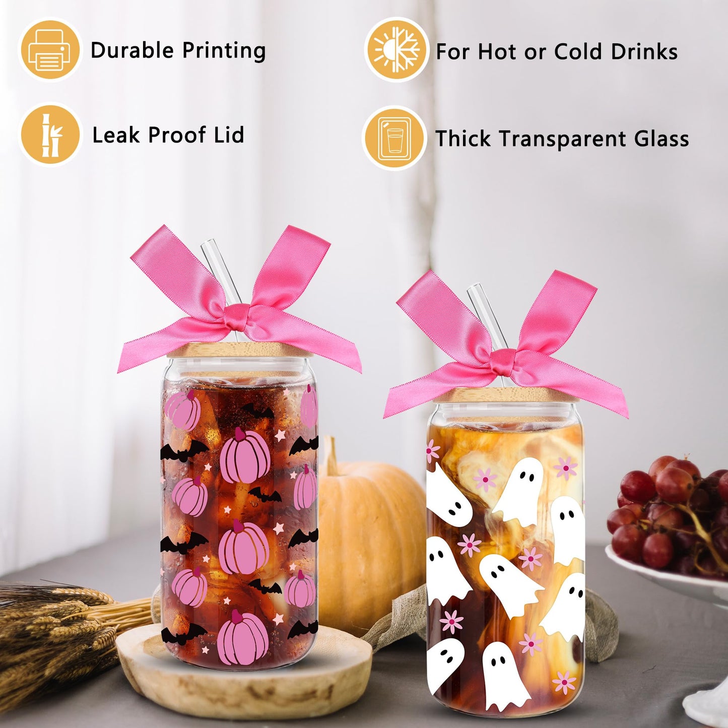 2 Pack Halloween Pumpkin Ghost Bat Iced Coffee Glass Tumbler Cups with Lids and Straws - 16Oz Spooky Halloween Pumpkin Ghost Glass Tumbler Gifts With Pink Bow-knot for Women, Girls, Kids