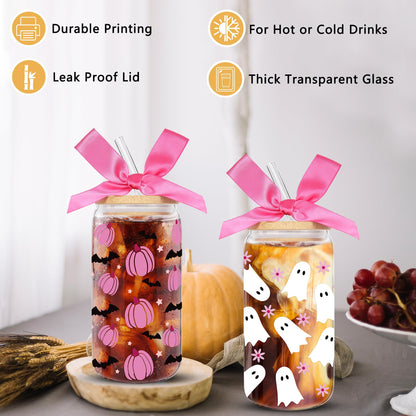 2 Pack Halloween Pumpkin Ghost Bat Iced Coffee Glass Tumbler Cups with Lids and Straws - 16Oz Spooky Halloween Pumpkin Ghost Glass Tumbler Gifts With Pink Bow-knot for Women, Girls, Kids