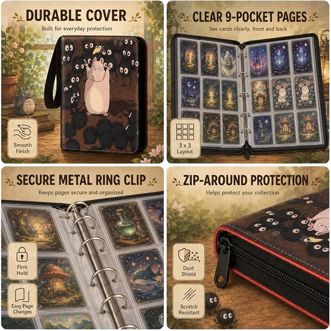 1008 Cute Card Binder 9 Pocket, 3-Ring Trading Card Binder with 56 Page Removable Sleeves, High Storage Waterproof Trading Card Holder Collection Card Album Organizer Case for TCG Cards - Coal