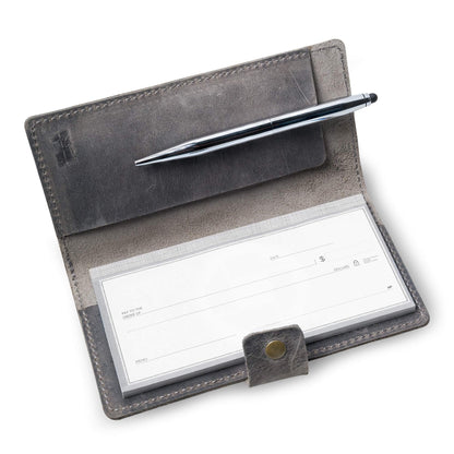 PEGAI Handmade Minimalist Design Checkbook Cover | 100% Distressed Full Grain Horse Leather Checkbook Wallet | Business Checkbook Binder | Clark (Rock)