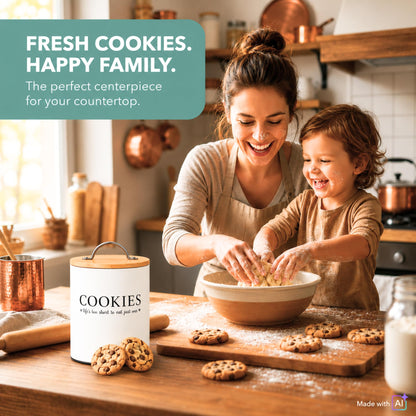 D'Lifeful Cookie Jar with Airtight Bamboo Lid – 0.6 Gallon Cute and Decorative Cookie Storage for Kitchen Countertop – Farmhouse Storage Tin for Freshness – Great Gift Idea