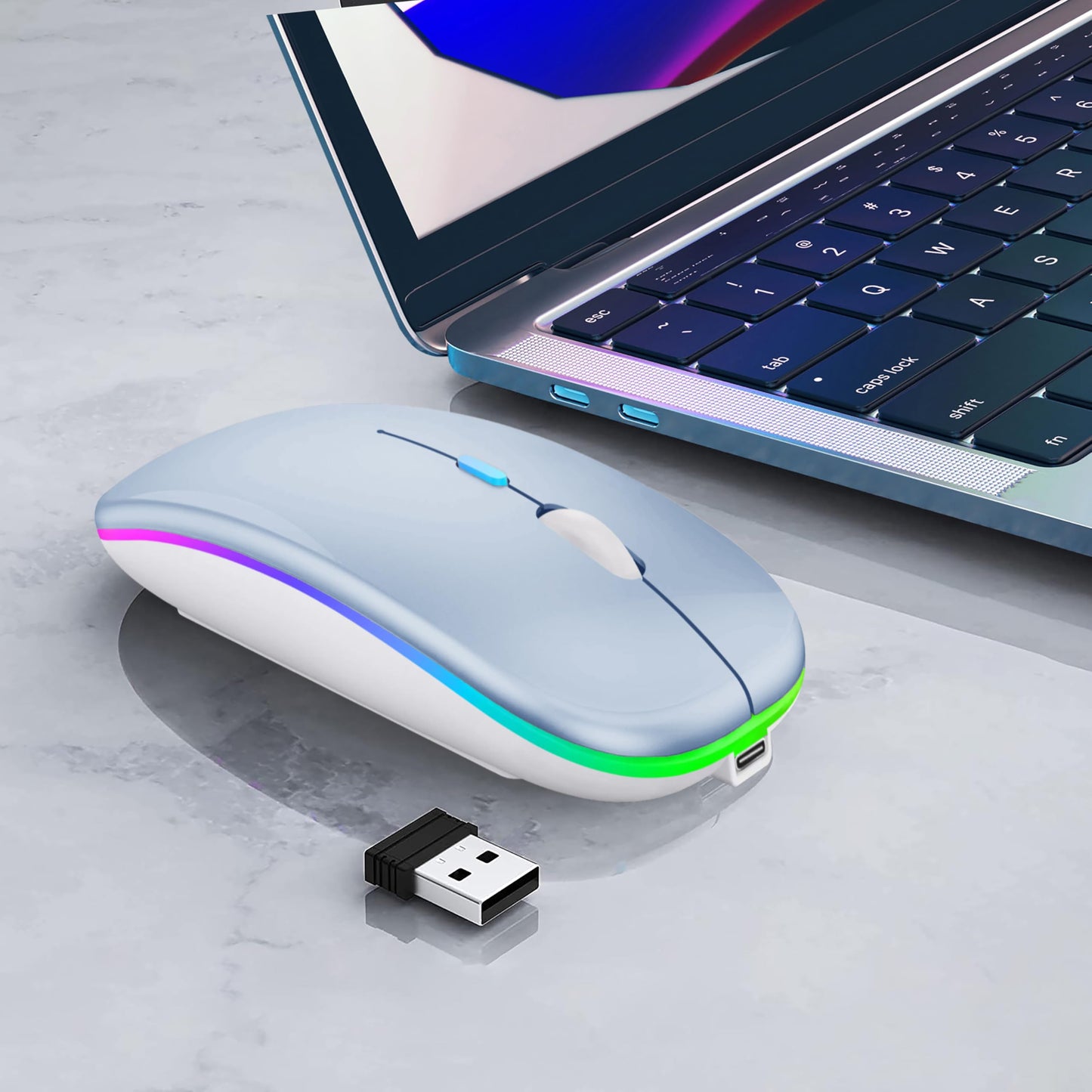 Wireless Bluetooth Mouse Rechargeable Laptop Mice with LED Lights Silent Slim Use(BT5.2 and 2.4G Portable USB Receiver)Dual Mode Computer Mouse for Laptop/iPad/Tablet/Apple/Computer/Mac(Black)