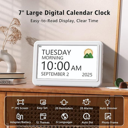 PPLEE Digital Clock Large Display – Dementia Clocks for Seniors, 7-Inch HD Display, Multiple Alarms with Repeat, Adjustable Brightness, Calendar & Custom Themes, Ideal for Elderly and Caregivers