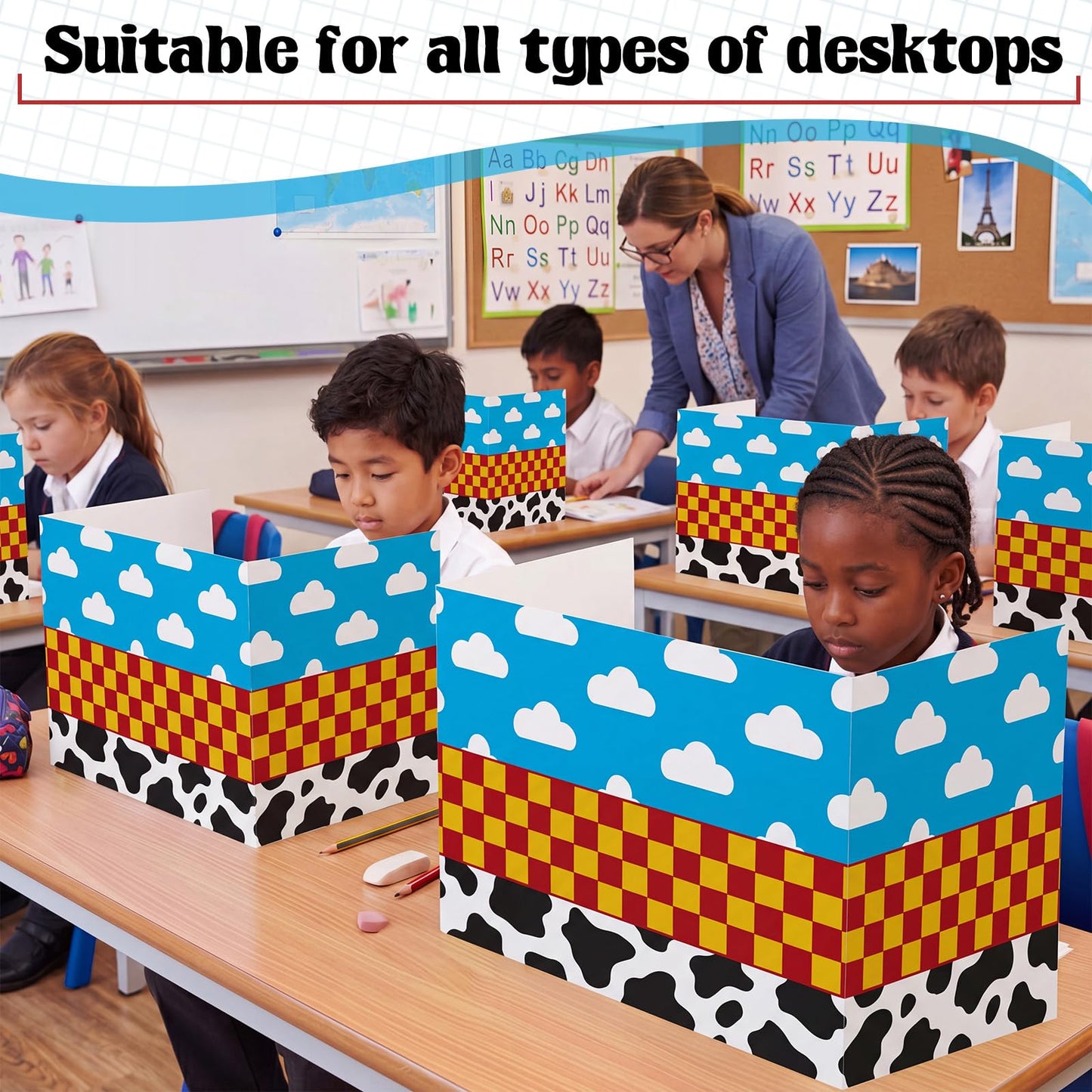 SATINIOR 24 Pcs Privacy Folders for Students, Desk Dividers for Classroom Testing, Trifold Cardboard Privacy Boards, Study Carrels Panel School Teacher Supplies(Cloud and Cow Style,White and Blue)