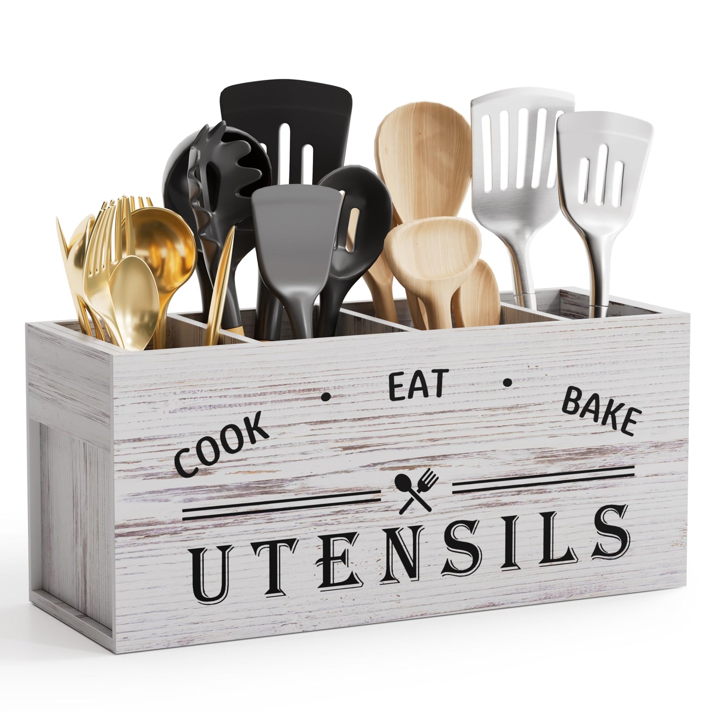 ZUJJAFY Utensil Holder for Kitchen Counter, Large Kitchen Utensil Holder for Countertop with 4 Compartments, Wooden Cooking Utensil Organizer for Spatula Storage, White